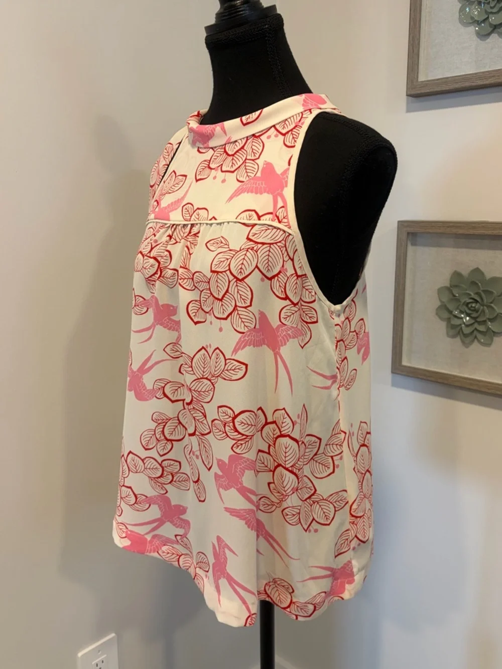 Anthropologie Maeve Cream/Red/Pink Bird & Leaf Print Bow Blouse EUC - Picture 2 of 16